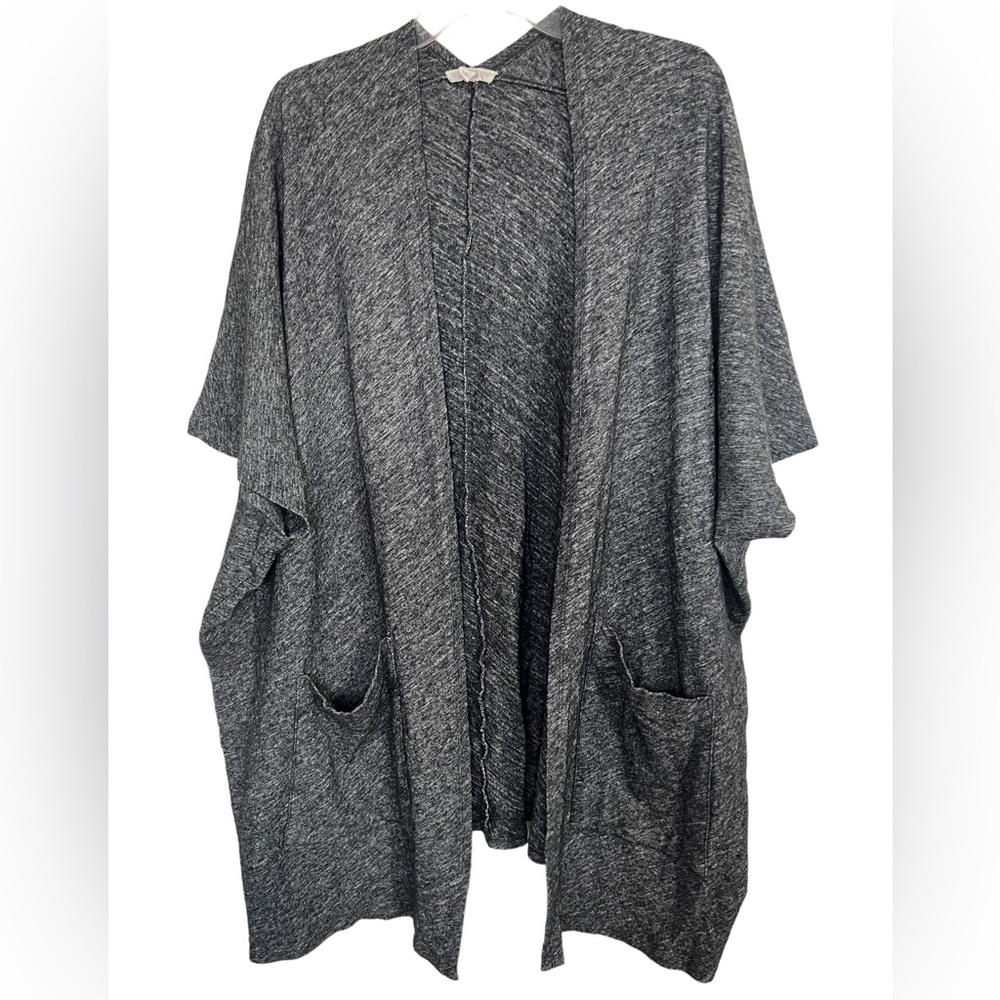 Eileen Fisher Gray/Black Short Sleeve Lagenlook Wool Poncho Style Cardigan